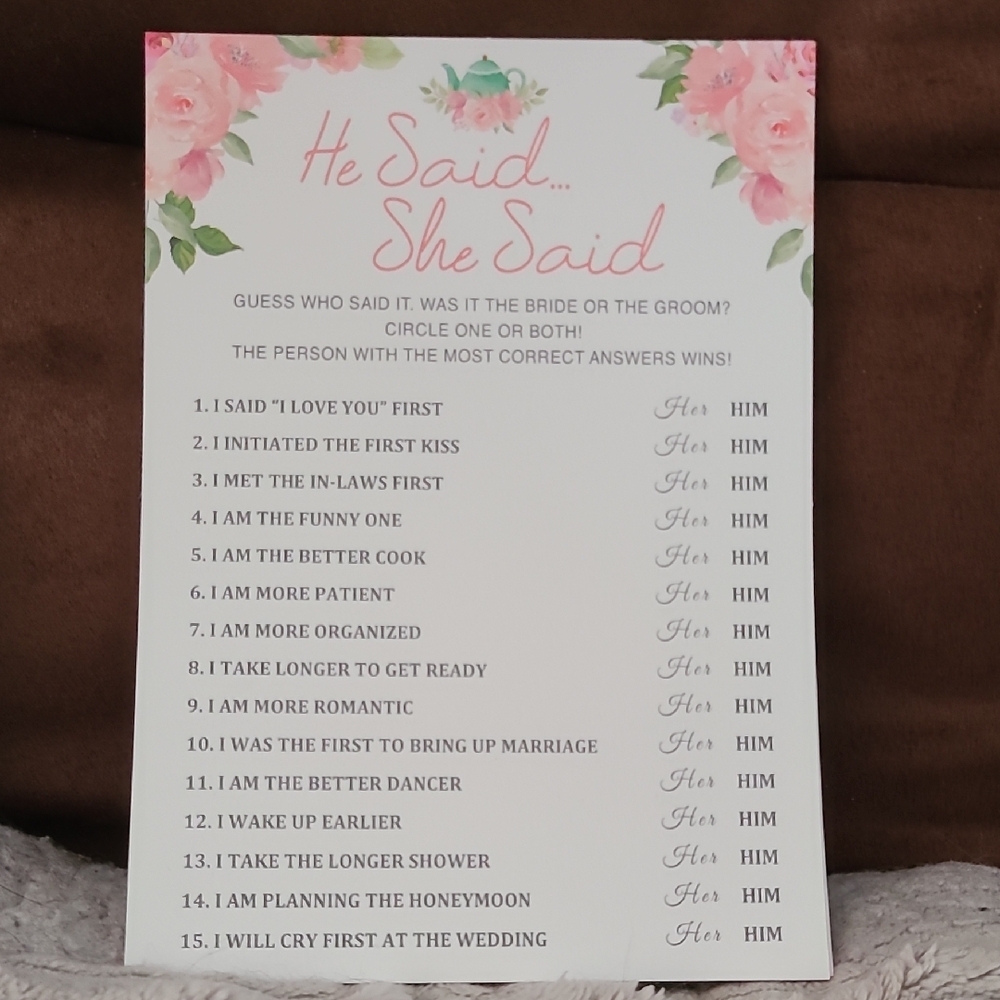 He Said She Said Bridal Shower Game Card